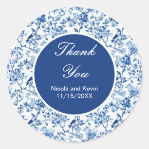 Chinoiserie Blauwe Vogels en Bloemen Bruiloft Ronde Sticker