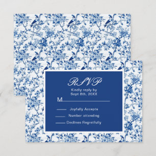 Chinoiserie Blauwe Vogels en Bloemen Bruiloft RSVP Kaartje