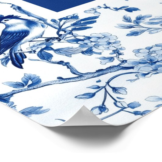 Chinoiserie Blauwe Vogels en Bloemen Huwelijk Poster (Hoek)
