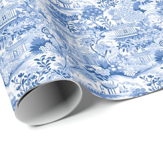 Chinoiserie Blauwe & Witte Pagodes Cadeaupapier (Rol Hoek)