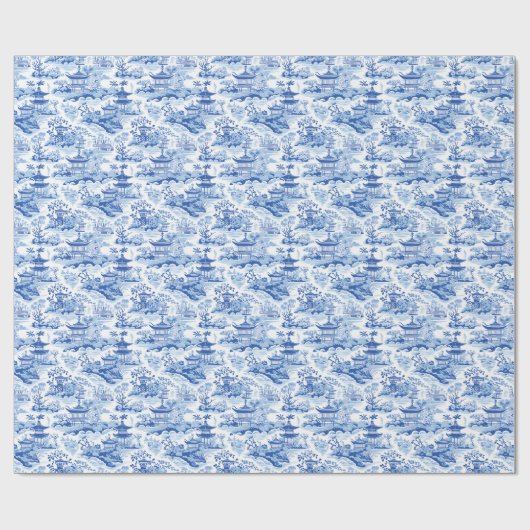 Chinoiserie Blauwe & Witte Pagodes Cadeaupapier (Vlak)