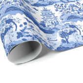 Chinoiserie Blauwe & Witte Pagodes Cadeaupapier (Rol Hoek)