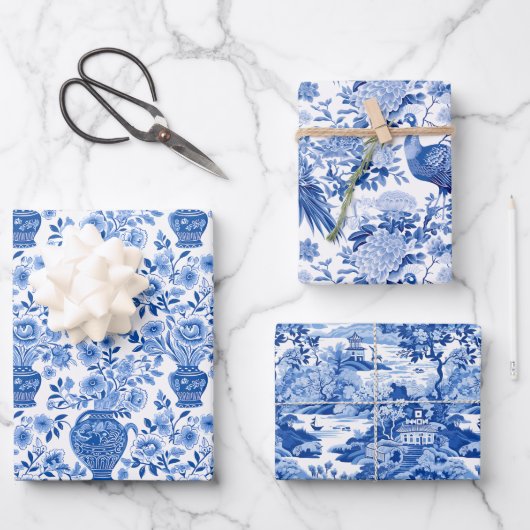 Chinoiserie Blauwe & Witte Pagodes Ginger Jars Vog Inpakpapier Vel (Voorkant)