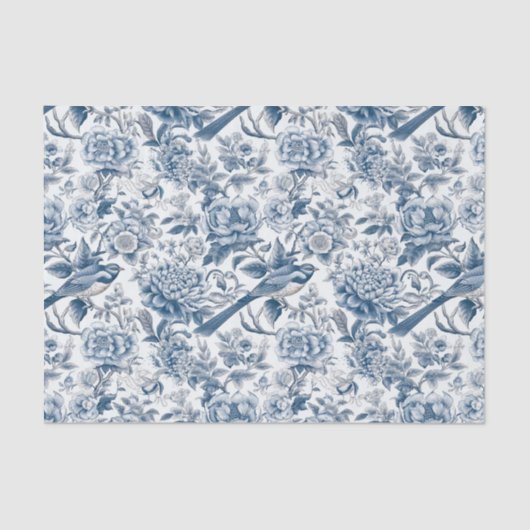 Chinoiserie Blauwe Witte Pioen Bloemen Vogel Decou Tissuepapier (Voorkant)