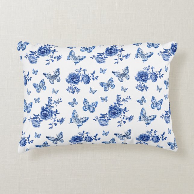  Chinoiserie Blauwe Witte Vlinders Bloemen Accent Kussen (Voorkant)