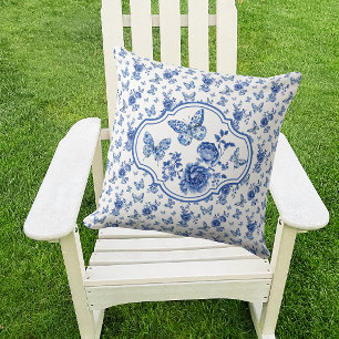  Chinoiserie Blauwe Witte Vlinders Bloemen Kussen