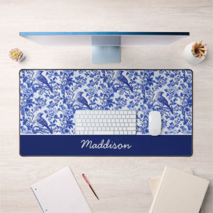 Chinoiserie bleue à motif floral et oiseau monogra