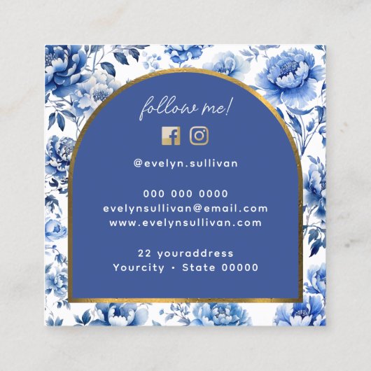 Chinoiserie bloemen boog vierkante visitekaartje (Achterkant)