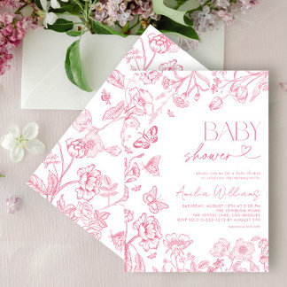 Chinoiserie  Bloemen Roze Script Baby shower Kaart