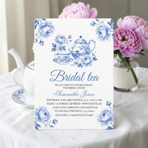 Chinoiserie bloemige blauwe theepot bruiloft  kaart