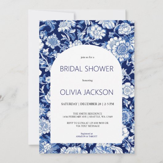 Chinoiserie Blue Floral Bridal Douche Invitation (Devant)