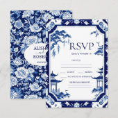 Chinoiserie Blue Floral Wedding RSVP Kaarten (Voorkant / Achterkant)