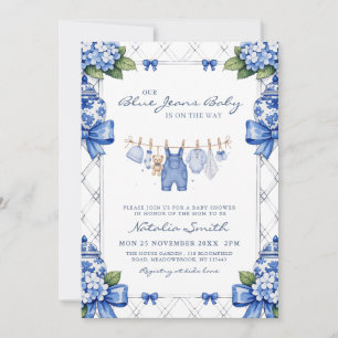 Chinoiserie Blue Jean Denim Preppy Baby Shower Kaart