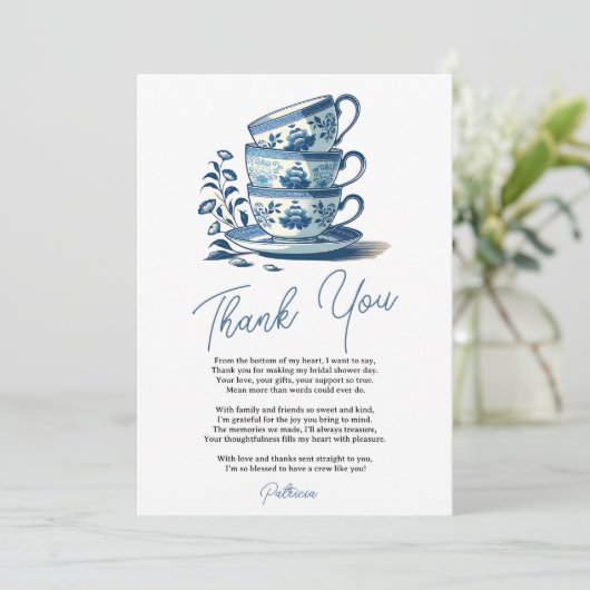 Chinoiserie Blue Stacked Teacups Vrijgezellenfeest Bedankkaart (Staand voorkant)