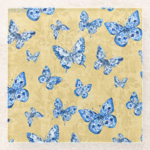 Chinoiserie Blue White Butterfly Faded Damask Glazen Onderzetter