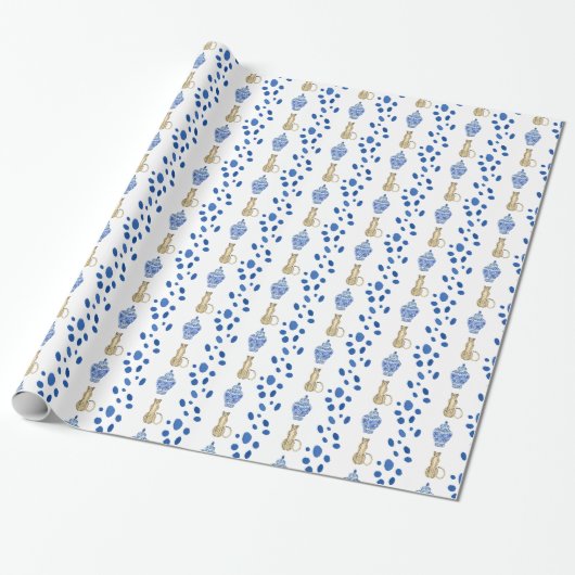 Chinoiserie Blue & White Cheetah Gift Wrap Cadeaupapier (Uitgerold)