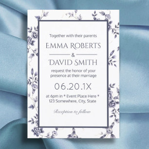  Chinoiserie Blue & White Floral Wedding Kaart