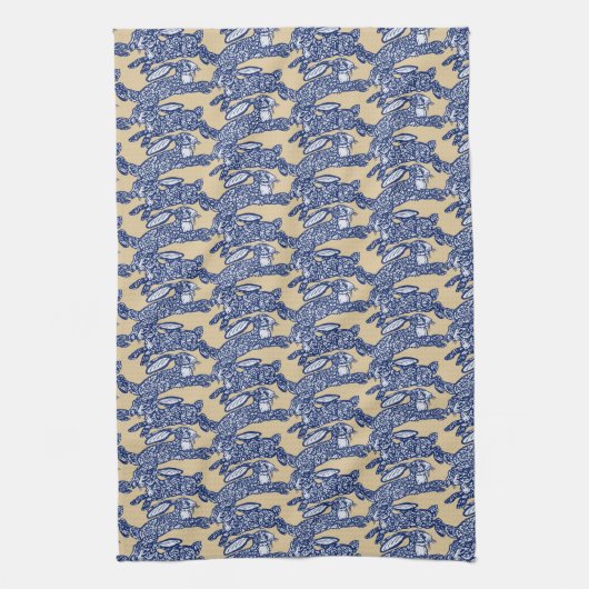 Chinoiserie Blue White Tan Rabbit Bunny Pattern Theedoek (Verticaal)