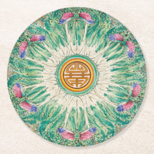 Chinoiserie Bok-Choy China Patroon Geïnspireerd Ronde Kartonnen Onderzetter