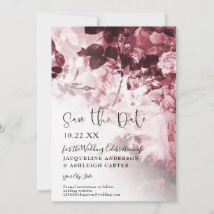 Chinoiserie Burgundy in White Floral Script Photo Save The Date