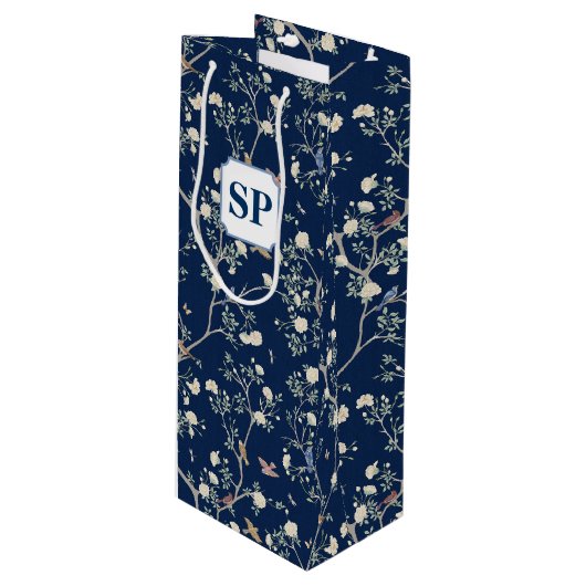 Chinoiserie Camellia Garden Navy Blue Wijn Cadeautas (Voorkant Gekanteld)