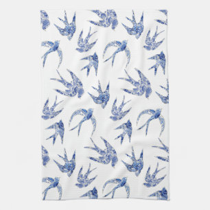 Chinoiserie Chic Bird Swallows Blue n White Mosaic Theedoek
