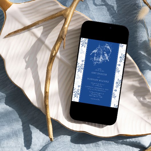 Chinoiserie Chic Blauw en Wit Bruiloft Kaart