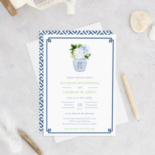 Chinoiserie Chic Blue & Green Ginger Jar Wedding Kaart