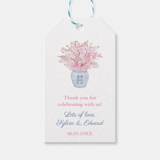 Chinoiserie Chic Blush en Navy Bruiloft Douche Gif Cadeaulabel (Voorkant)