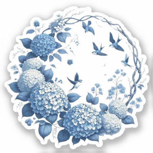Chinoiserie Chic, Hydrangeas en Bluebirds Krans Sticker (Voorkant)
