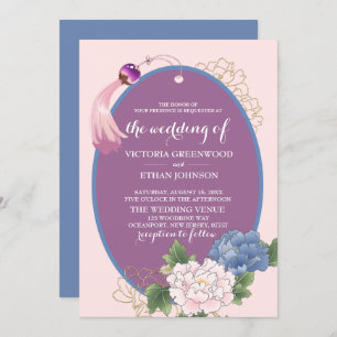 Chinoiserie Chic Peonies & Tassel Wedding Invitati Kaart