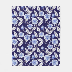 Chinoiserie Delft Blue Floral Porcelain Pattern Fleece Deken