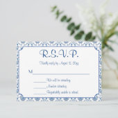 Chinoiserie Delft Blue Pattern・Custom Wedding RSVP Kaartje (Staand voorkant)