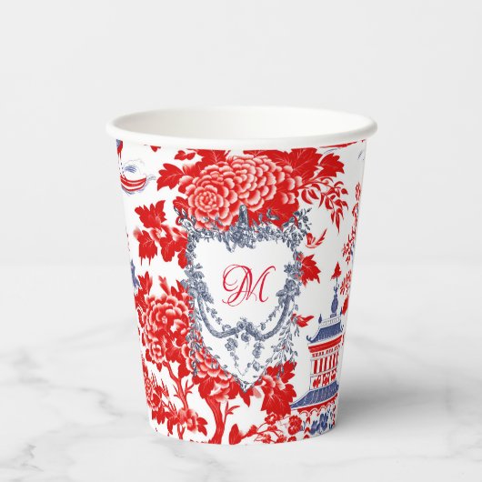 Chinoiserie Delft Frans Blauw monogram Papieren Bekers (Achterkant)