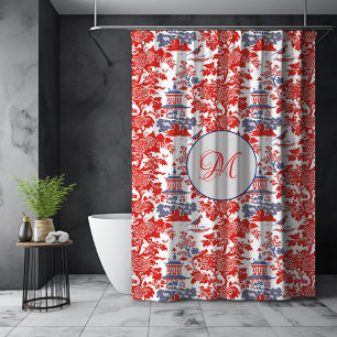 Chinoiserie Delft Frans rood blauw monogram Douchegordijn