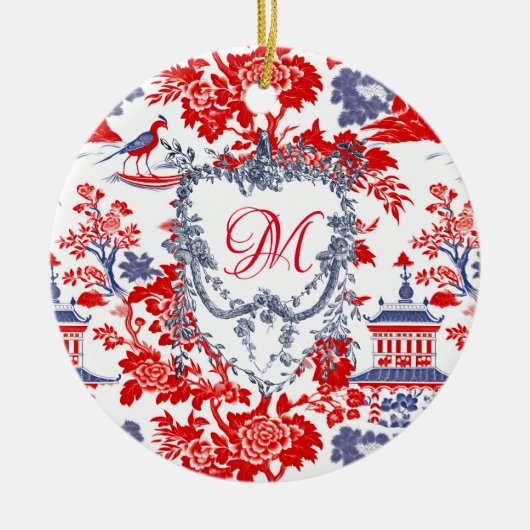  Chinoiserie Delft Frans rood blauw monogram Keramisch Ornament (Voorkant)