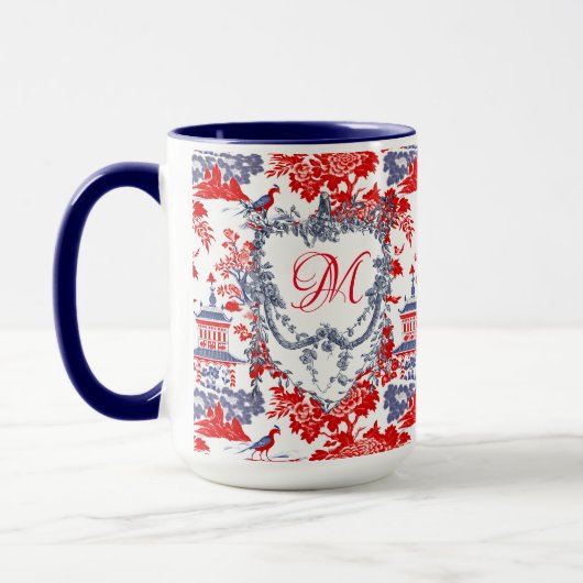 Chinoiserie Delft Frans rood blauw monogram Mok (Links)