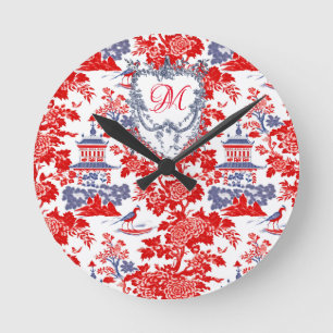 Chinoiserie Delft Frans rood blauw monogram Ronde Klok