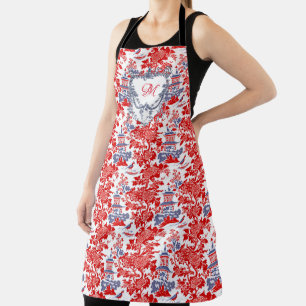 Chinoiserie Delft Frans rood blauw monogram Schort
