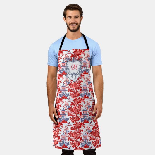  Chinoiserie Delft Frans rood blauw monogram Schort (Gedragen)