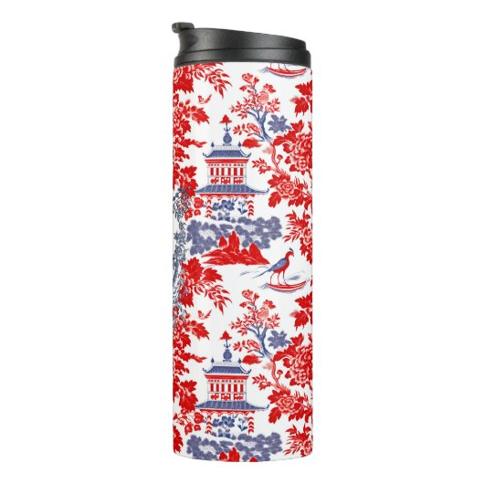 Chinoiserie Delft Frans rood blauw monogram Thermosbeker (Geroteerd rechts)