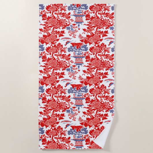 Chinoiserie Delft Frans rood blauw Strandlaken (Voorkant)