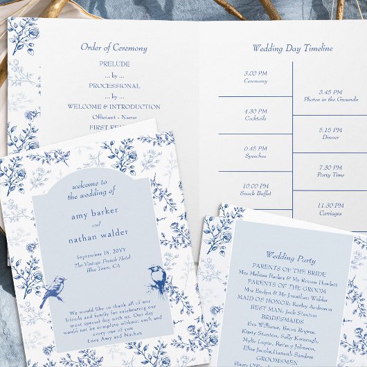 Chinoiserie Elégant Blue Floral Wedding Programme