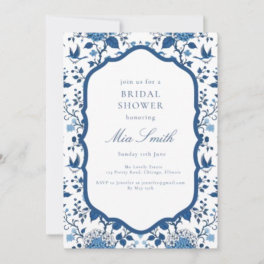 Chinoiserie Fleurs Bleues et Oiseaux Invitation (Devant)