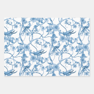 Chinoiserie Floral Bird Dusty Blue White ontlepage Inpakpapier Vel