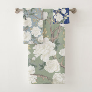 Chinoiserie Floral Bird Sage Green Dusty Blue Navy Bad Handdoek