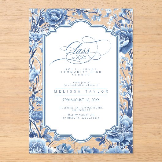 Chinoiserie Floral Border Afstuderen ID1098 Acryl Uitnodigingen (Voorkant)