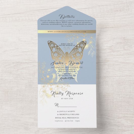 Chinoiserie Floral Dusty Blue Wedding All In One Uitnodiging (Binnen)