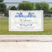 Chinoiserie Floral Navy Blauw Wit Vogel Bruiloft Spandoek (Insitu)