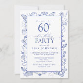 Chinoiserie Frans Blauw Script 60ste Verjaardagsfe Kaart (Voorkant)